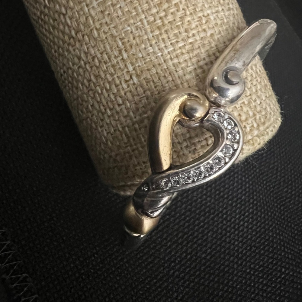 Brighton Vtg Two Tone Rhinestone Heart Twisted Cable Hinge Bangle Bracelet 6.75